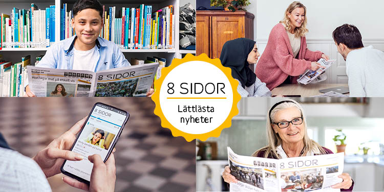 Ett kollage med foton av personer som läser 8 Sidor. I mitten 8 Sidors logotyp med en gul krans runtom. 