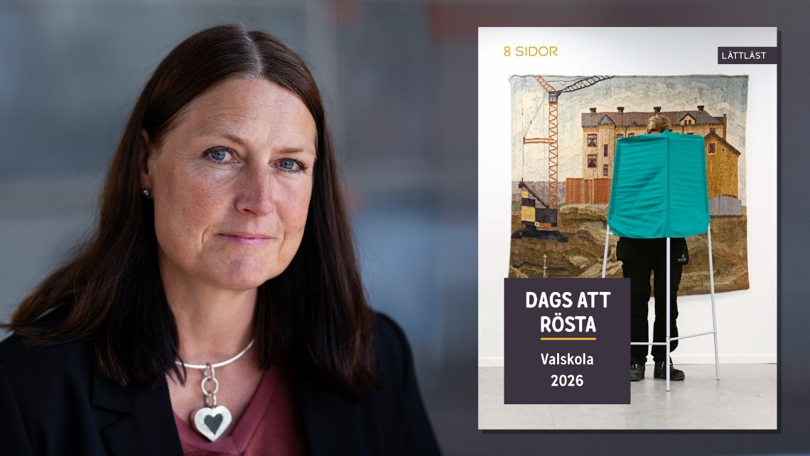 En bild på Marie Hillblom och omslaget till boken Dags att rösta, där en person ses rösta bakom ett skynke.