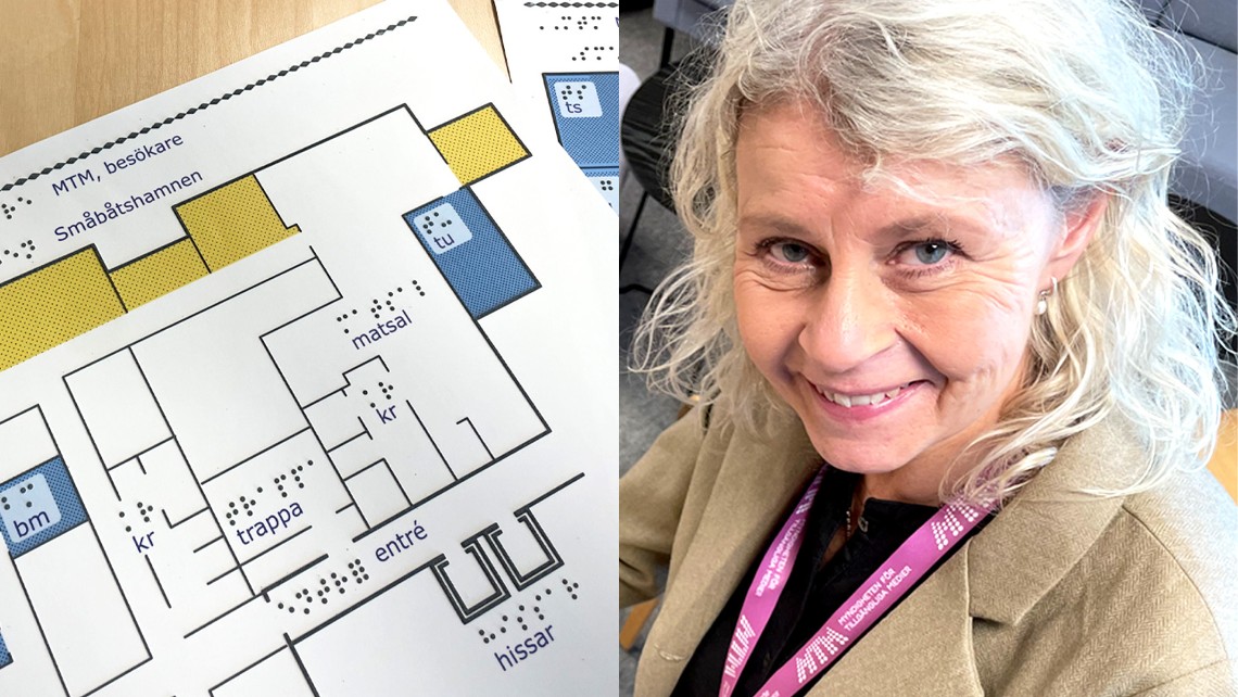 En taktil karta över en del av MTM:s kontor. Man ser var matsal, toalett och kapprum är placerat. Bilden är länkad till artikel om taktila kartor på mtm.se.