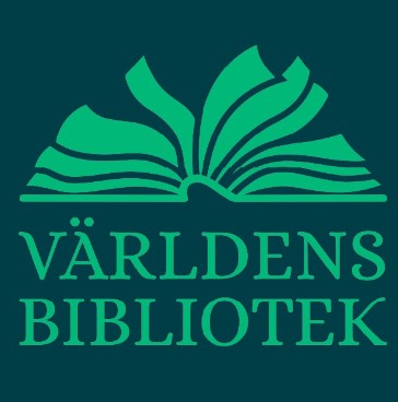 Logotypen för Världens bibliotek, en uppslagen bok. Bilden är länkad till artikel om samarbetet mellan KB och MTM.